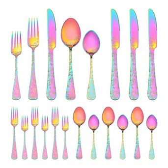 20 pc Floral Silverware Set, Stainless Steel Flatware Set, Mirror Polished Cutlery Set
