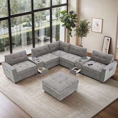 Merax 104'' Sectional Sofa with Acrylic Table Top,Chenille U Shaped Couch Set with 2 Consoles