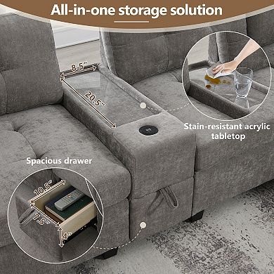 Merax 104'' Sectional Sofa with Acrylic Table Top,Chenille U Shaped Couch Set with 2 Consoles