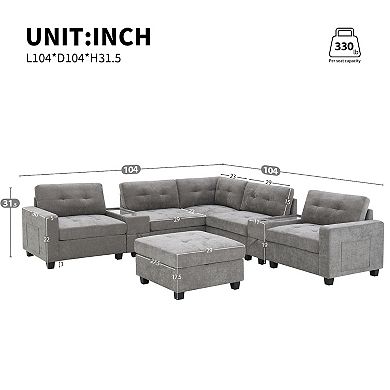Merax 104'' Sectional Sofa with Acrylic Table Top,Chenille U Shaped Couch Set with 2 Consoles