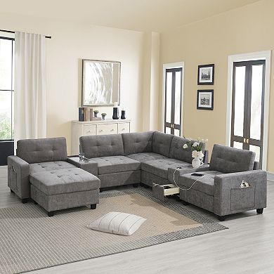 Merax 104'' Sectional Sofa with Acrylic Table Top,Chenille U Shaped Couch Set with 2 Consoles