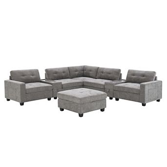 Merax 104'' Sectional Sofa with Acrylic Table Top,Chenille U Shaped Couch Set with 2 Consoles