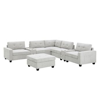 Merax 104'' Sectional Sofa with Acrylic Table Top,Chenille U Shaped Couch Set with 2 Consoles