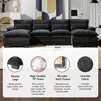 Merax Modern Modular U-shaped Sectional Sofa with Waist Pillows，Comfy Chenille Cloud Couch Set