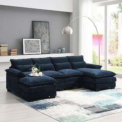 Merax Modern Modular U-shaped Sectional Sofa with Waist Pillows，Comfy Chenille Cloud Couch Set