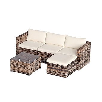 5 pc Patio Furniture Set, Rattan Outdoor Sofa with Cushions, Glass Table & Ottoman, Brown