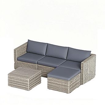 5 pc Patio Furniture Set, Rattan Outdoor Sofa with Cushions, Glass Table & Ottoman, Grey