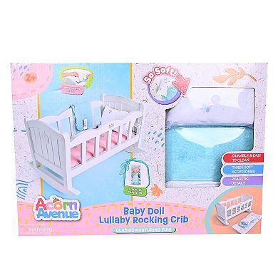 Acorn Avenue Baby Doll Rocking Crib with Mattress, Pillow, & Blanket