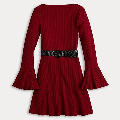 Juniors' Liberty Love Belted Rib Knit Sweater Dress
