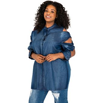 Plus Size Curvy Women's Ladder Sleeve Denim Button-Up Shirts