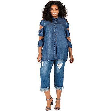 Plus Size Curvy Women's Ladder Sleeve Denim Button-Up Shirts