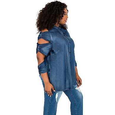 Plus Size Curvy Women's Ladder Sleeve Denim Button-Up Shirts