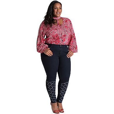 Plus Size Curvy Women's Leopard Print Puff Sleeve Caged Tops