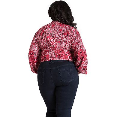 Plus Size Curvy Women's Leopard Print Puff Sleeve Caged Tops