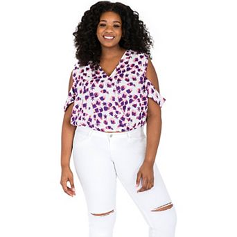 Plus Size Curvy Women's Leaf Print V-Back Cold Shoulder Crop Tops