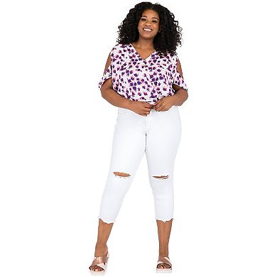 Plus Size Curvy Women's Leaf Print V-Back Cold Shoulder Crop Tops