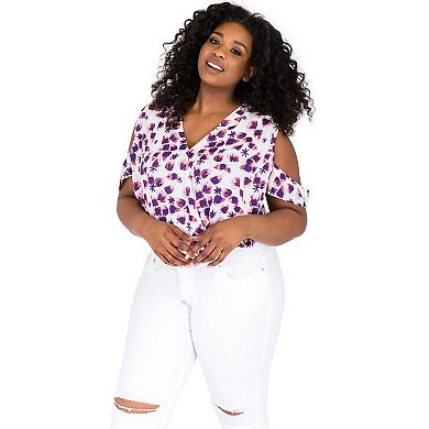 Plus Size Curvy Women's Leaf Print V-Back Cold Shoulder Crop Tops