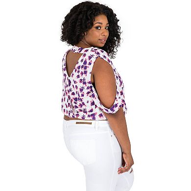 Plus Size Curvy Women's Leaf Print V-Back Cold Shoulder Crop Tops