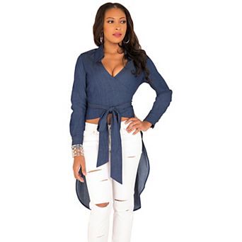 Curvy Women's Tencel Denim High-Low Wrap Shirt With Fishtail