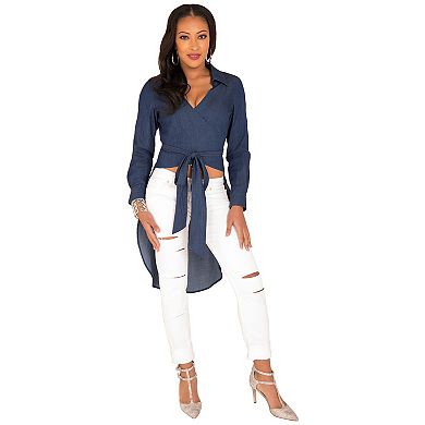Curvy Women's Tencel Denim High-Low Wrap Shirt With Fishtail