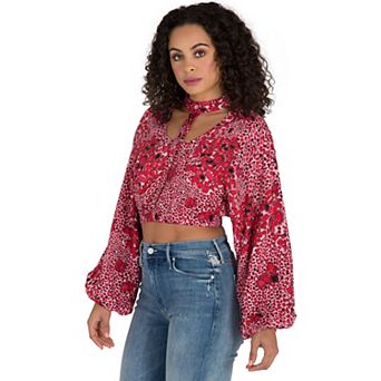 Curvy Women's Leopard Print Bishop Sleeve Caged Crop Tops