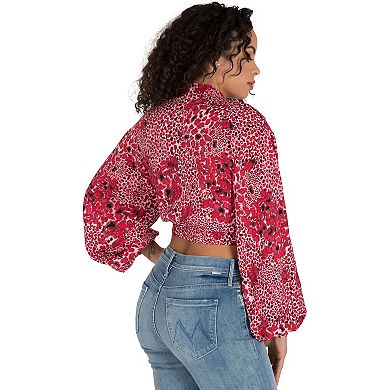 Curvy Women's Leopard Print Bishop Sleeve Caged Crop Tops