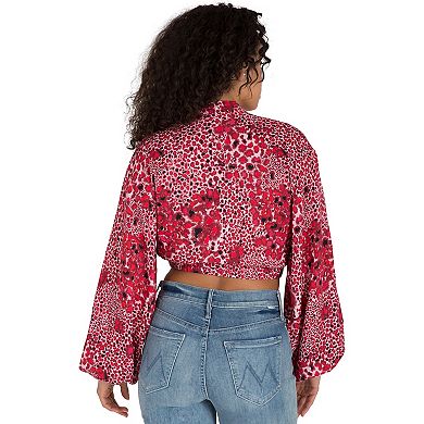 Curvy Women's Leopard Print Bishop Sleeve Caged Crop Tops