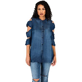 Curvy Women's Ladder Sleeve Denim Button-Up Shirts