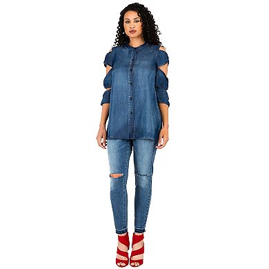 Curvy Women's Ladder Sleeve Denim Button-Up Shirts