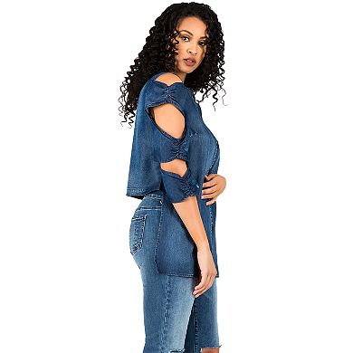 Curvy Women's Ladder Sleeve Denim Button-Up Shirts
