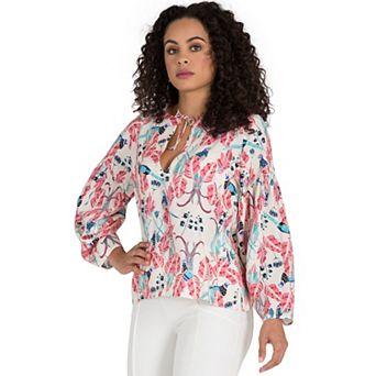Curvy Women's Puff Sleeve Tie-Neck Peacock All-Over Print Blouse