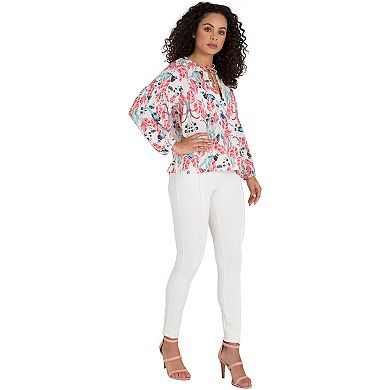 Curvy Women's Puff Sleeve Tie-Neck Peacock All-Over Print Blouse