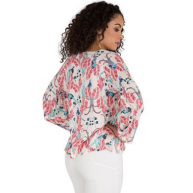 Curvy Women's Puff Sleeve Tie-Neck Peacock All-Over Print Blouse