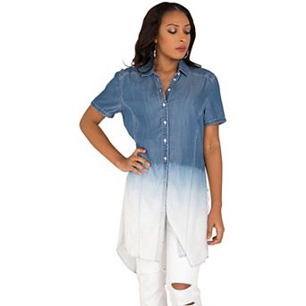 Curvy Women's Ombre Tencel Denim Button-Up Short Sleeves Shirt