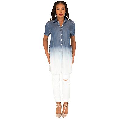 Curvy Women's Ombre Tencel Denim Button-Up Short Sleeves Shirt