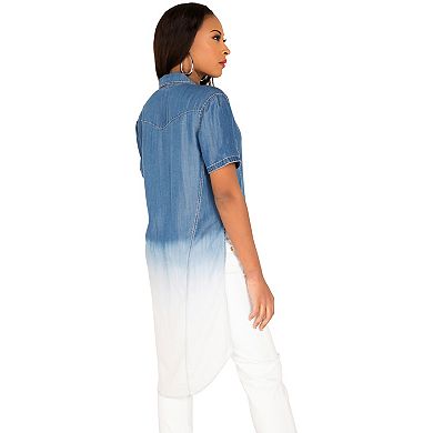 Curvy Women's Ombre Tencel Denim Button-Up Short Sleeves Shirt