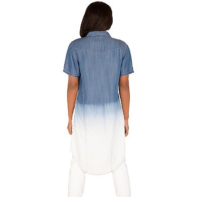 Curvy Women's Ombre Tencel Denim Button-Up Short Sleeves Shirt