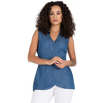 Curvy Women's Mandarin Collar Wrap Waist Tencel Denim Shirts