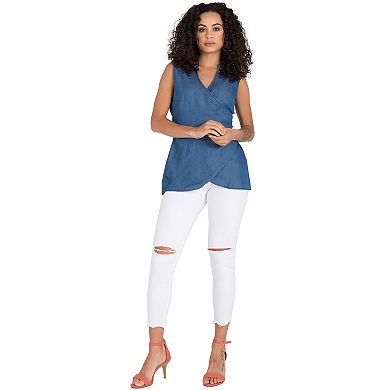 Curvy Women's Mandarin Collar Wrap Waist Tencel Denim Shirts