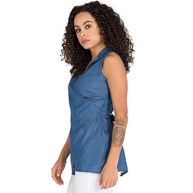 Curvy Women's Mandarin Collar Wrap Waist Tencel Denim Shirts