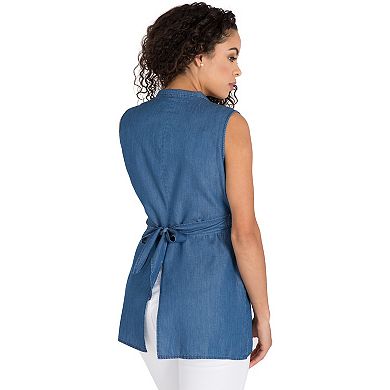 Curvy Women's Mandarin Collar Wrap Waist Tencel Denim Shirts