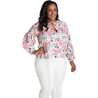 Plus Size Curvy Women's Puff Sleeve Tie-Neck Peacock Print Blouse