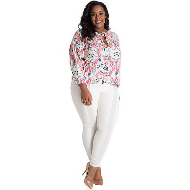 Plus Size Curvy Women's Puff Sleeve Tie-Neck Peacock Print Blouse