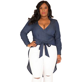 Plus Size Curvy Women's Fishtail Tencel Denim High-Low Wrap Shirt