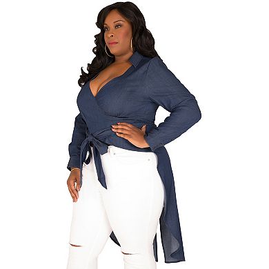Plus Size Curvy Women's Fishtail Tencel Denim High-Low Wrap Shirt