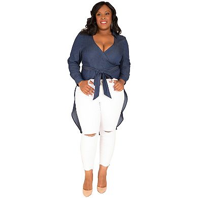 Plus Size Curvy Women's Fishtail Tencel Denim High-Low Wrap Shirt