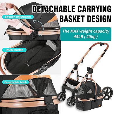 EchoSmile Black Lightweight Folding Pet Stroller with Detachable Carrier