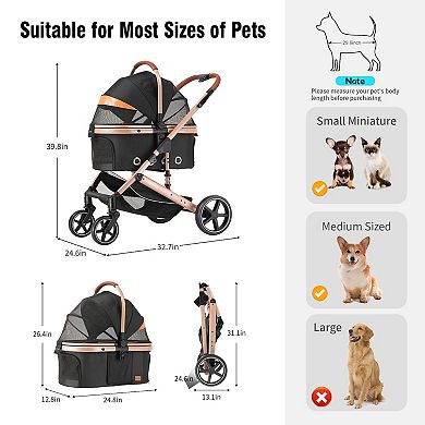 EchoSmile Black Lightweight Folding Pet Stroller with Detachable Carrier