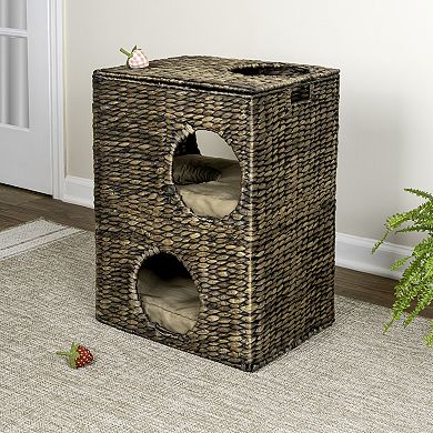 Jaxon 2-Tier Handwoven Hyacinth Cat Condo w/ 5 Holes & 2 Machine-Washable Cushions