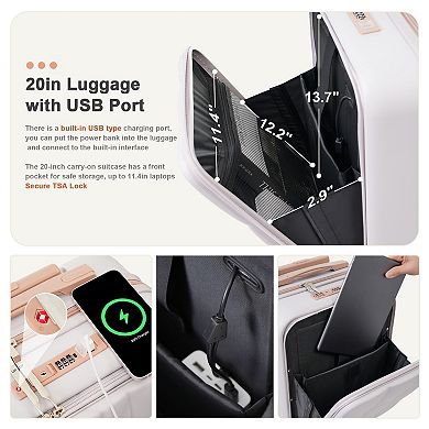 Merax Luggage Sets 3 Piece, 20-inch with USB Port and front opening design